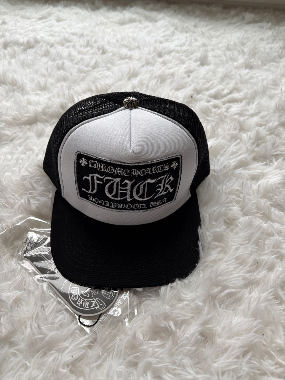 Chrome Designer Black and White Trucker Hat with Front Patch